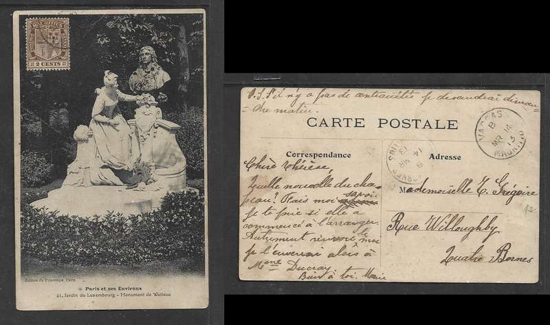French PPC, used in Mauritius. 2c, VACOAS MR 14 13 cds > QUATRE BORNES 14 MR 13