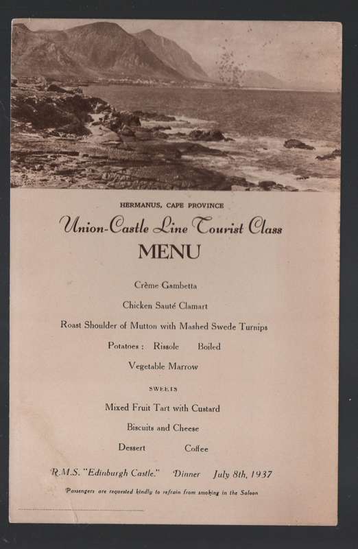 Union Castle Tourist Class Menu, Edinburgh Castle, July 8, 1937, Hermanus C.P. picture