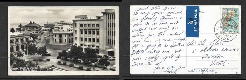 Mozambique, Lacerda Park & Square, PPC, airmail BEIRA 18.5.57> S. Africa