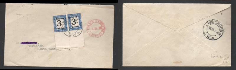 S. W. Africa 2x3d postage/due unfranked cover S.A. PHILATELIC EXHIBITON DURBAN 2JUL28>WINDHOEK 8JUL
