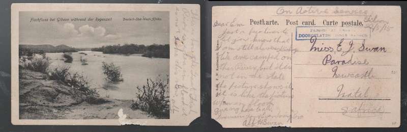 South West Africa, DSWA ppc, On Active Service, GIBEON 22.5.15 (m/s) boxed PASSED BY CENSOR > Natal