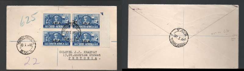 South West Africa, 1/- registered cover WINDHOEK 30 I 42 cds > Pretoria, block of 3d large wars
