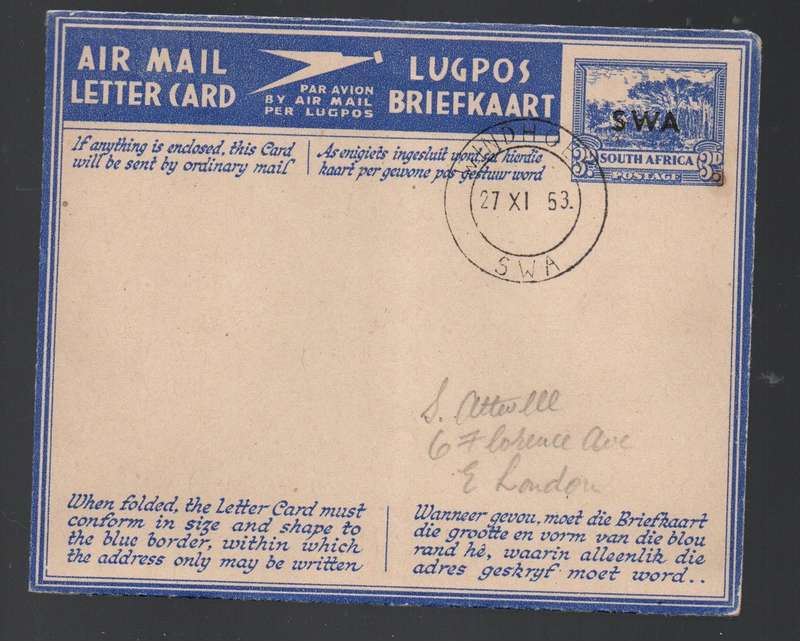 South West Africa, SWA opt on S.Africa 3d Air Mail Letter Card, WINDHOEK 27 XI 53cds > East London