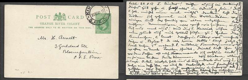 Orange River Colony, Union,  1/2d post card of 1902, used KIMBERLEY 30 NOV 12 cds ? Bloemfontein