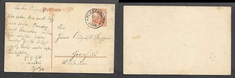 Germany. 40 Pf postal stationery post card used PLIESSKOWITZ 29.9.16 c.d.s. > domestic