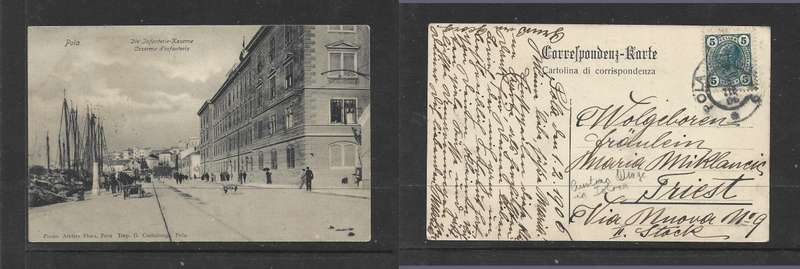 Austria (used in Istria), PPC Pola, Croatia, Infantry Barracks & Quay, 5 Heller, POLA ....06 cds