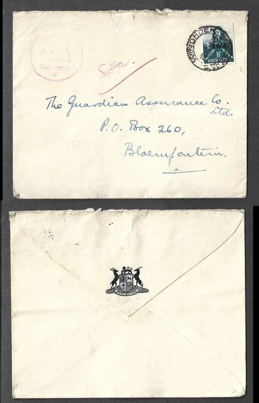 South West Africa, 1 1/2d airman, WINDHOEK  26 I 41 cds > Bloemfontein,  Cachet : Armorial RELEASED