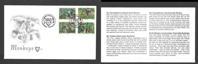 Venda First Day Cover fresh & clean, 1994, Monkeys