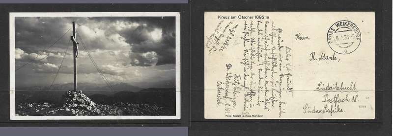 Austria, unfranked card, (active service) GROSS WEIKERSDORP 20.1.38 > South West Africa