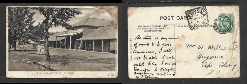 Post Office Kokstad, used 1/2d, KOKSTAD DE 18 11 cds > KNYSNA DE 26 11, arrival sq cds