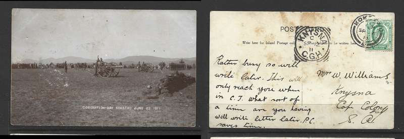 Coronation Day Kokstad, June 22 1911 used 1/2d, KEI ROAD 2 AP 12 cds > KNYSNA arrival sq cds