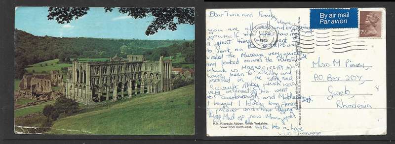 Rievaulx Abbey N. Yorkshire, used, EDINBURGH 6 SEP 1975, airmail, 7 1/2p > Rhodesia