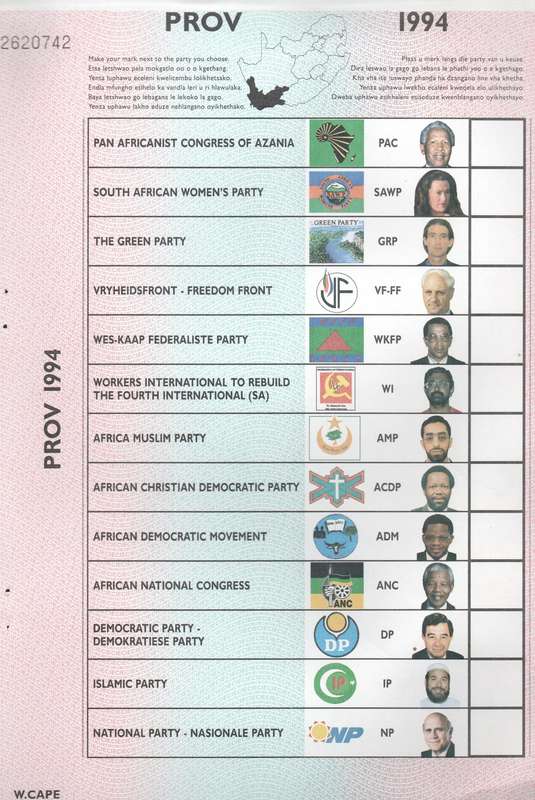 S. Africa, PROV  1994, election ballot paper, Western Cape, De Klerk, Mandela and others.