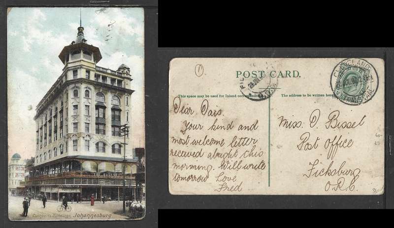 Cuthberts Bldg. Johannesburg, used, 1/2d, CLEVELAND TRANSVAAL 22 JUL 07 cds > FICKSBURG