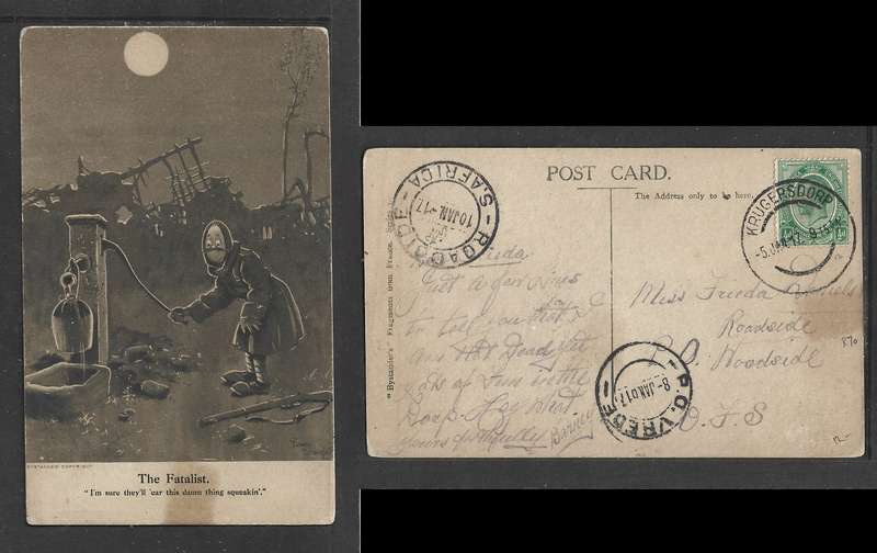 WWI comic card, Union 1/2d, KRUGERSDORP 5 JAN 17cds > ROADSIDE, P.O. VREDE transit