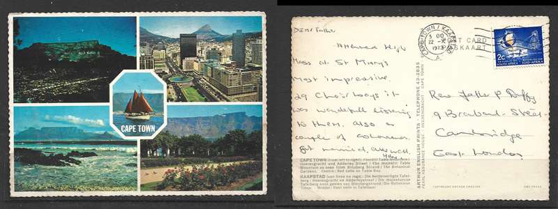 Post card, multi-view of Cape Town, used 2c, CAPETOWN 22 X 1973