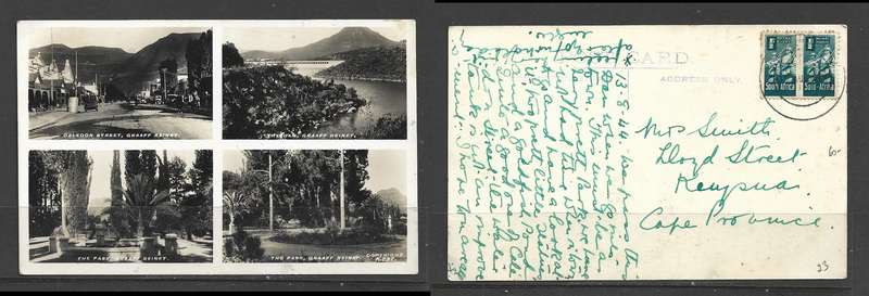 Graaff - Reinet, multi view post card, used 1d > GLENHARRY (13.8.44 m/s) > Knysna
