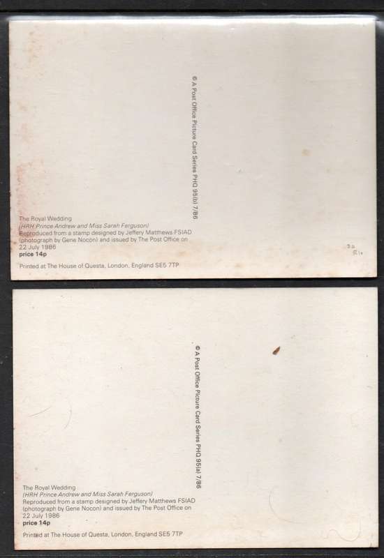 Great Britain, 1986, Prince Andrew and Sarah Ferguson Wedding PHQ cards , 12p & 17p unused