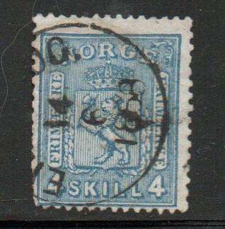 Norway, 1867 /8, 4 SKILL, blue, used (damaged perfs)