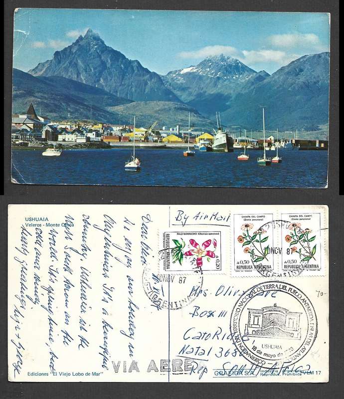 Argentina, PPC , used USHUAIA 10 NOV 87cds & cachet for museum USHUAIA 18DE MAYO DE 1979