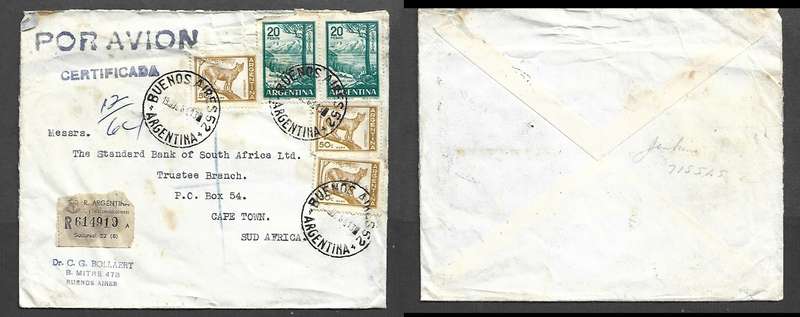 Argentina, cover, airmail, registered 41pesos 50c, BUENOS AIRES 19 JUL 61 > S. Africa, S. Africa,