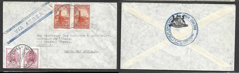 Argentina, from LEGATION UNION OF S. AFRICA air mail, 1peso 10c, BUENOS AIRES  29??49 cds >Pretoria