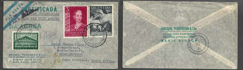 Argentina, registered air mail, BAHIA BLANCA 16 SEP 54 > STELLENBOSCH 22 AUG 54 !!