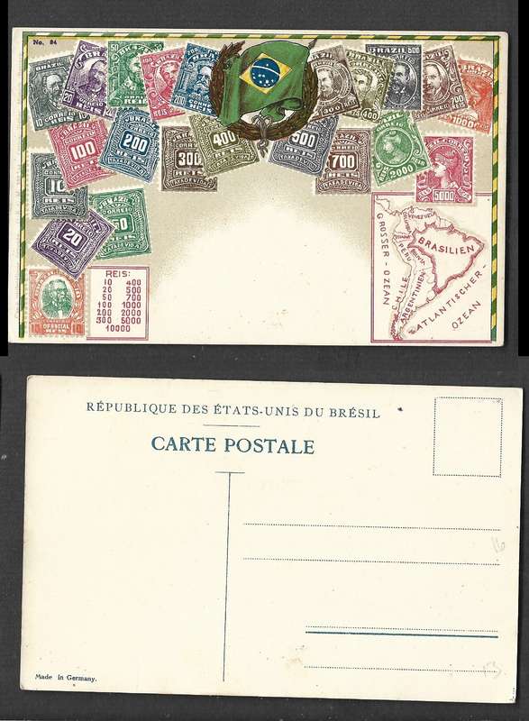 Brazil printed card, stamps, map, flag of Brazil, unused