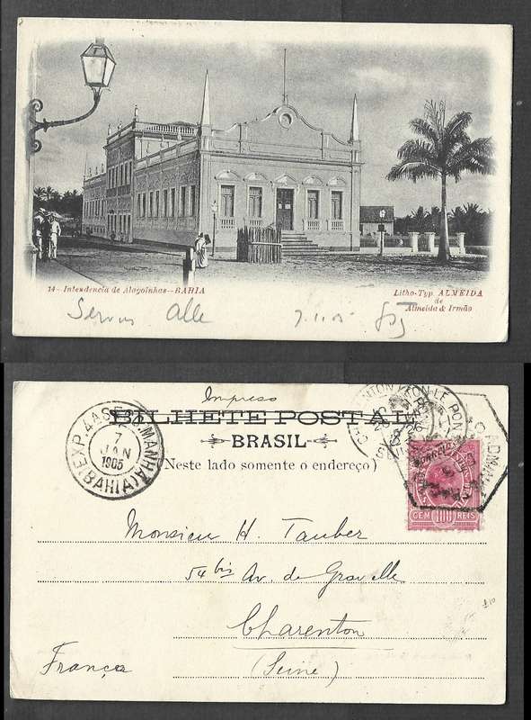 Brazil, Alagoinhas Offices, Bahia,  (BAHIA) 7 JAN 1905, transit, CHARENTON LE PONT  27-??-05 arrival