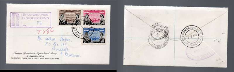 Bechuanaland FDC 75th Anniversary registered  SHOWGROUNDS FRANCISTOWN 5 V 60cds> BANCROFT N RHODESIA