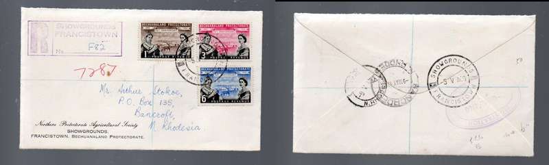 Bechuanaland FDC 75th Anniversary registered  SHOWGROUNDS FRANCISTOWN 5 V 60cds> BANCROFT N RHODESIA