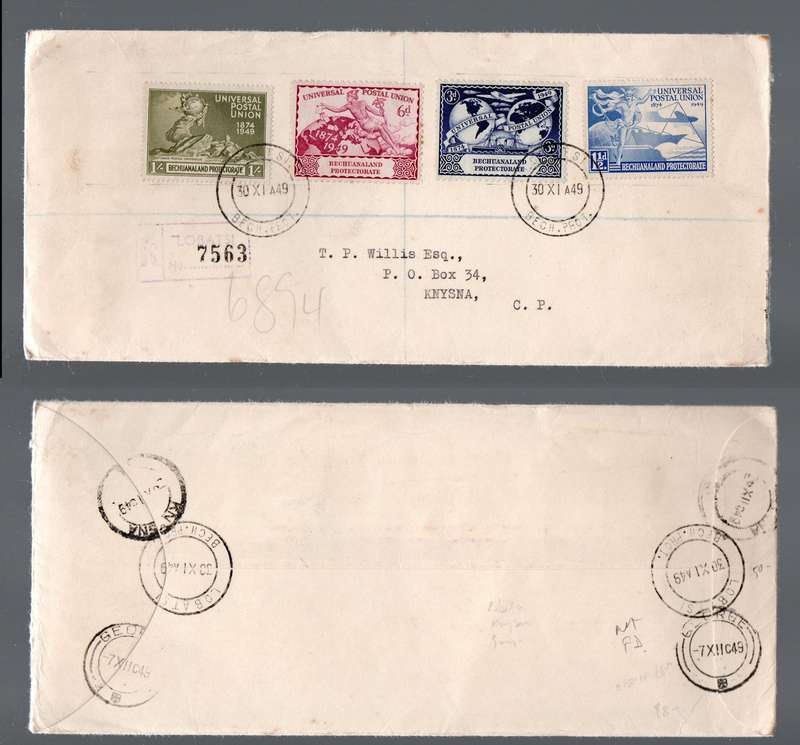 Bechuanaland 75th anniv U.P.U. registered LOBATSI BECH PROT  30 XI 49 cds KNYSNA, GEORGE transit