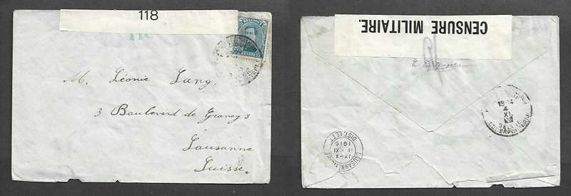 Belgium,  cover, 25c, Military Censor > LAUSANNE 11GARE DIST LETT 11.XI.16 arrival c.d.s