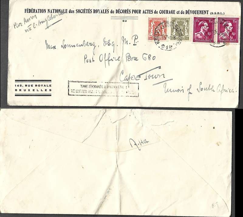 Belgium, air mail 3F15, Royal Soc Decorations for Courage & Dedication BRUXELLES 2.7.48cds> S.Africa