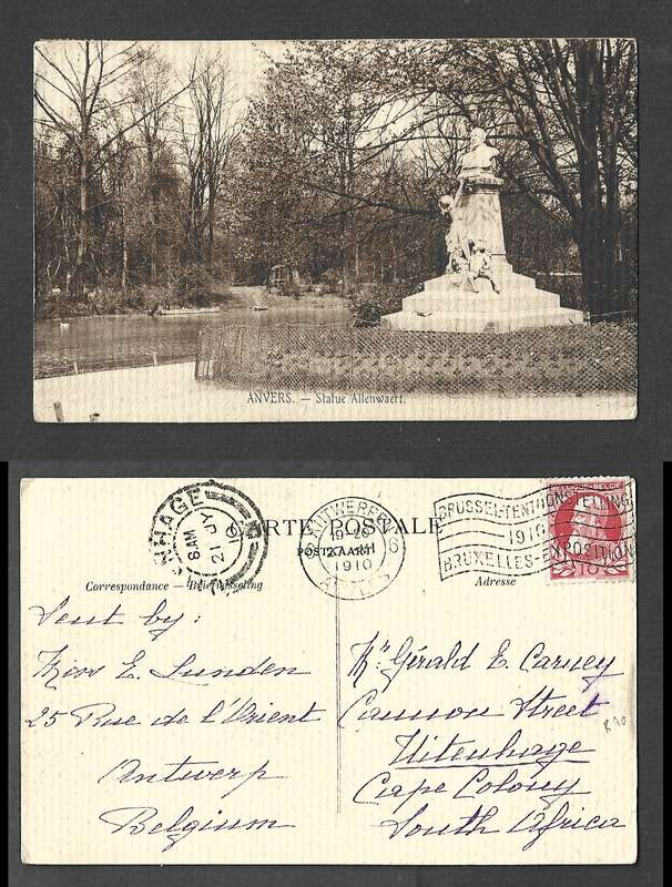 Belgium Statue Allenwaert, 10c, ANTWERPEN ANVERS 27 VI 1910cds+ BRUXELLES EXPOSITION> UITENHAGE