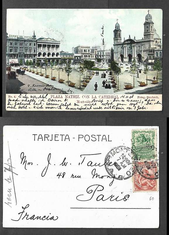 Uruguay, Plaza Matriz, Cathedral, used 3c, MONTEVIDEO c.d.s. > France