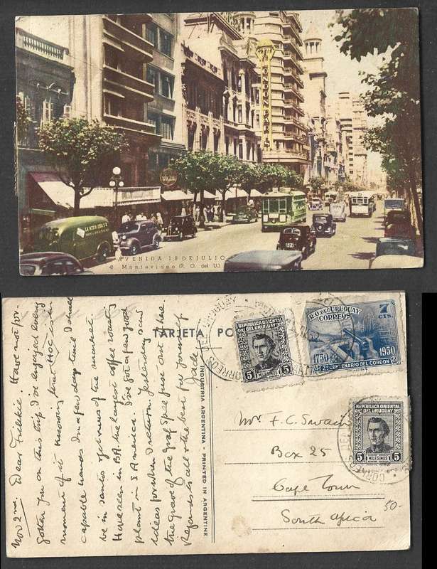 Uruguay, 1950, Avienda 18 de Julio, Montevideo, used 17c, to South Africa