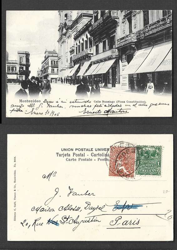 Uruguay, Calle Ituzaingo, Montevideo, used 3c, MONTEVIDEO ? ? 1905 to Paris