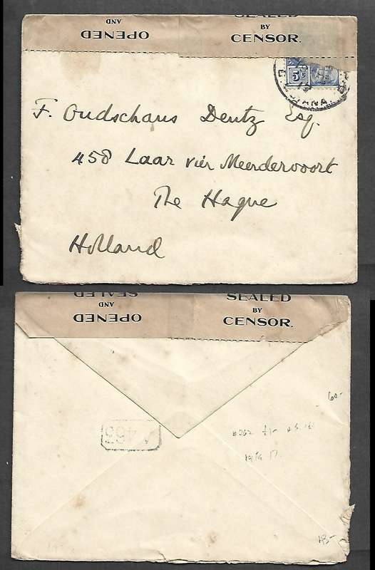British Guiana, 5 cents cover, ?? B. GUINANA 19 FE 17 cds Censor Label > Holland, Dutch sort A 463
