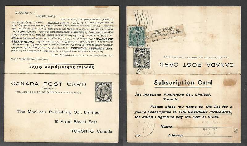 Canada EVIIR 1c reply card, uprated 1c (for overseas) >?? CANADA > LONDON OC 31 05