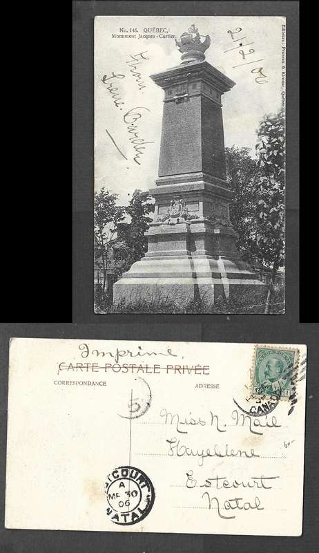 Canada, Quebec, Monument Jaques Cartier, used 1c, T(axe)5, > ESTCOURT NATAL MR 30 06,
