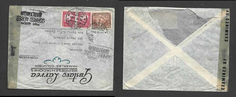 Colombia, cover, air mail,  35c, MANIZALES 23. III.1944 cds> New York, Military Censor tape >