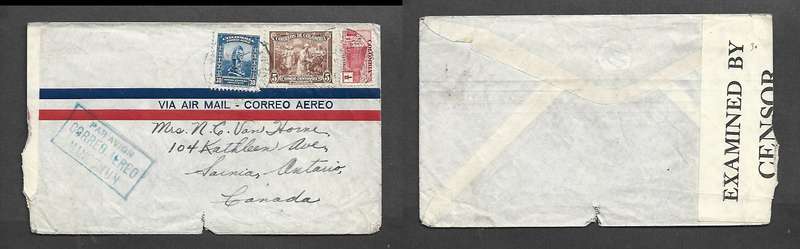 Colombia, WW II cover, air mail, 35 1/2c,  Military Censor tape > Canada