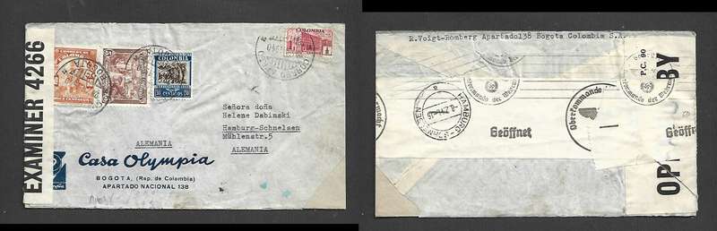 Colombia  45 1/2c, BOGOTA 29.XII.1940 cds Allied & German Military Censor tapes >HAMBURG-SOHNELSEN