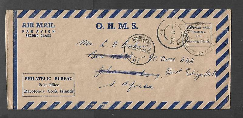 Cook Islands, OHMS, Philatelic Bureau, air mail 2nd class RAROTONGA 17 MR 67>JOHANNESBURG redirected
