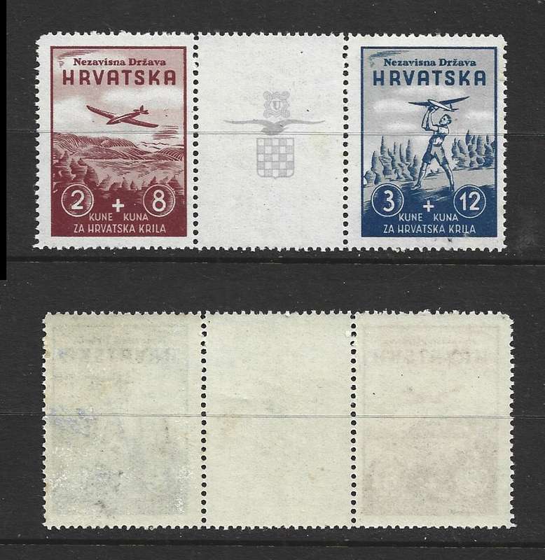 Croatia 1942, Aviation Fund, 2kune + 8 kuna, 3 kune + 12 kuna & arms, from miniature sheet, MNH **