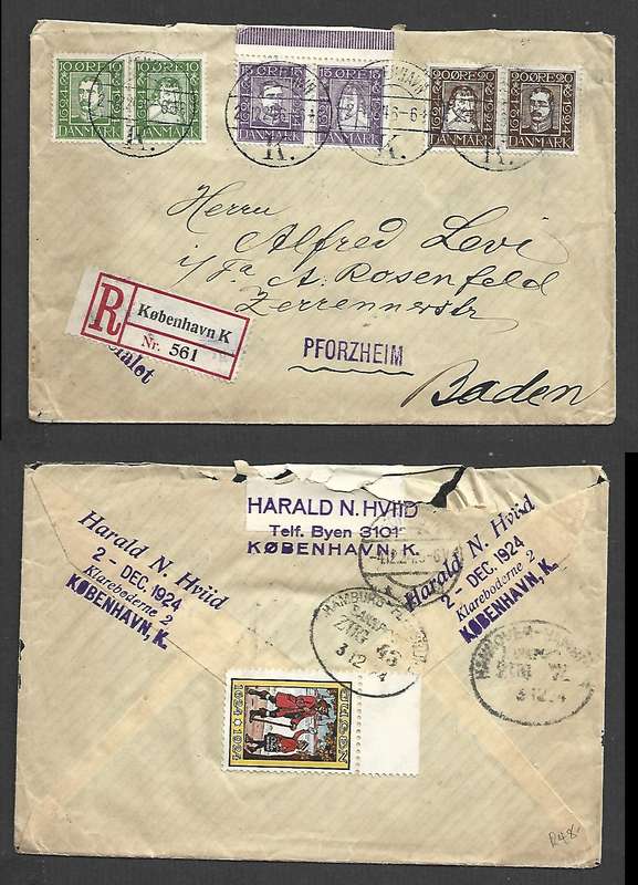 Denmark, Post 300 years, registered KOBENHAVEN 2.12.24cds>PFORZHEIM arrival, 2x German TPO transit