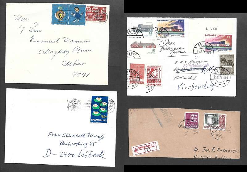 Denmark, late 20thC, 3 covers, 1 fragment, nice stamps