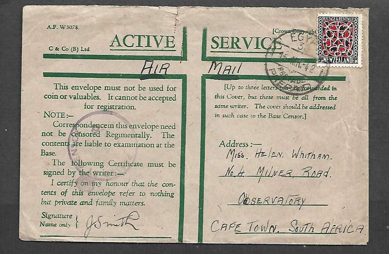 WWII Active Service Honour Envelope New Zealand 9d, EGYPT 30 POSTAGE PREPAID 15 MR 42 cds>S. Africa