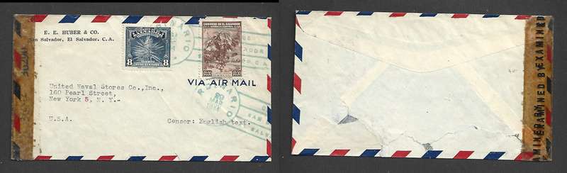 El Salvador, air mail, 38c, ORDINARIO 29 MAR 44 SAN SALVADOR c.d.s. > New York, EXAMINER 36290  tape
